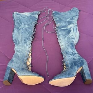 Stylish Blue Lace-Up Knee-High Boots